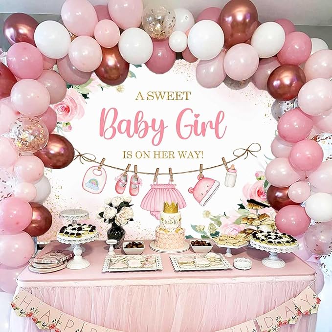 Sensfun Cute Clothes Baby Shower Backdrop A Sweet Baby Girl is On Her Way Banner Watercolor Pink Floral Sweet Little Girl Baby Shower Party Decorations Banner Supplies Photo Booth Props 8x6ft