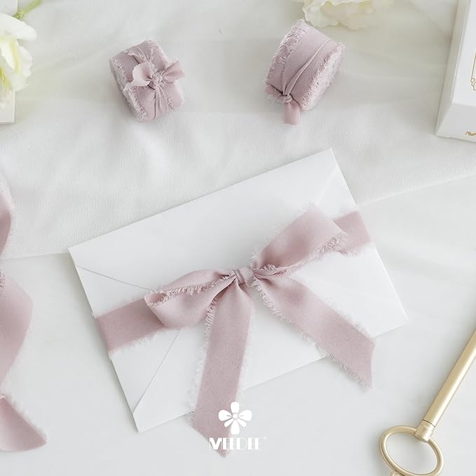 MEEDEE Dusty Rose Chiffon Ribbon 1 Inch Fringe Ribbons Pink Chiffon Silk Frayed Edge Ribbon Thin Chiffon Ribbons for Crafts, Gift Wrapping, Wedding Invitation (3 Rolls 21 Yards)