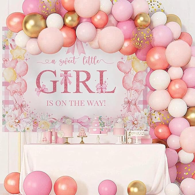 Mocsicka Bow Baby Shower Backdrop Pink Floral Baby Girl Shower Photo Background Banner Sweet Little Girl on The Way Decorations for Baby Shower Party Supplies Photo Props (10x8ft (120x96 inch))