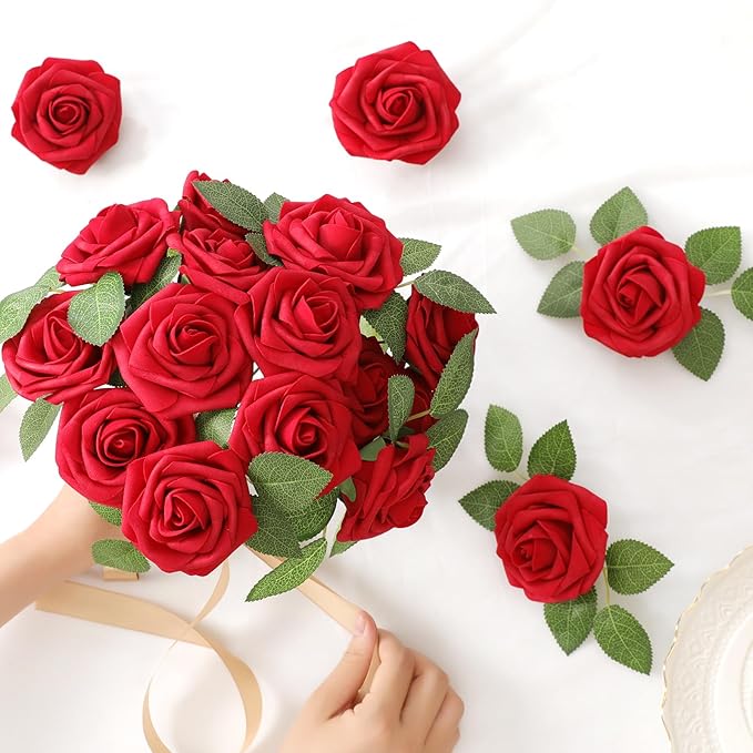 DerBlue 60pcs Artificial Roses Flowers with stem and 10pcs Green Leaves Real Looking Fake Roses Artificial Foam Roses Decoration DIY for Wedding,Arrangements Party Home Decorations
