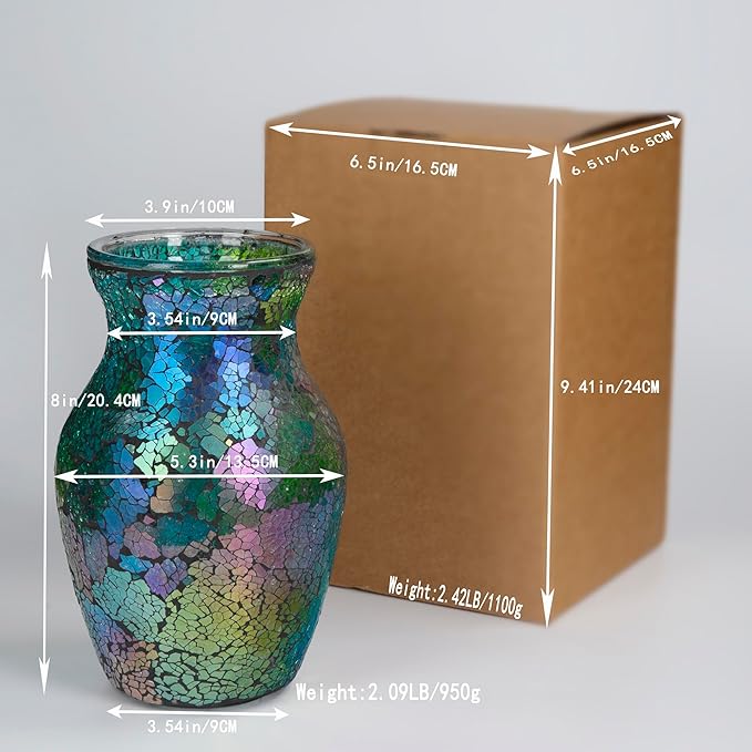 8" H Green Mosaic Glass Flower Vase,Decor Home Modern Midsize Mosaic Vase for Bedroom Livingroom Kitchen Office Wedding,Unique Gift