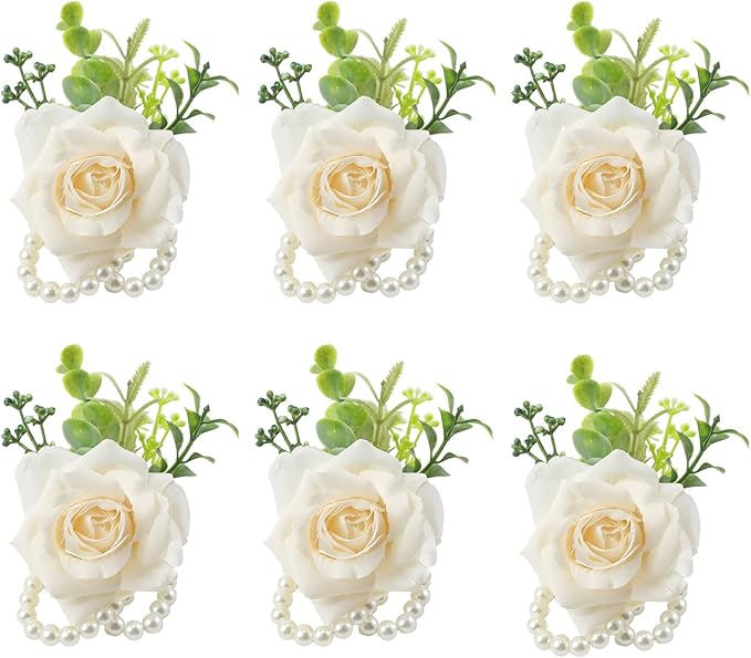 Meldel Wrist Corsage for Wedding(Set of 6),Artificial Champagne Rose Eucalyptus Pearls Wristband Corsages for Bride Bridesmaids Wedding, Women Mother Wrist Flower for Prom Party Anniversary Decor
