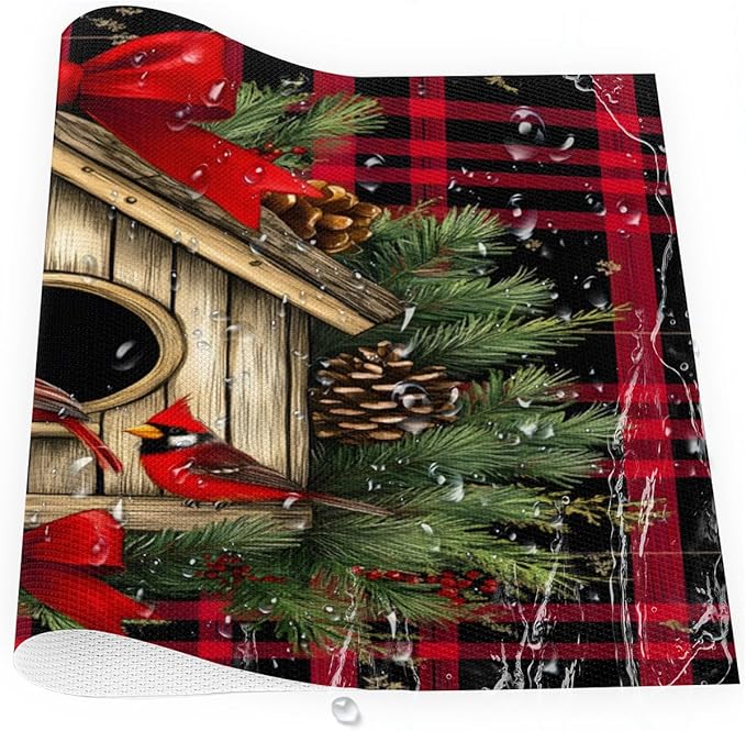 Christmas Art Waffle Cardinal Placemats Set of 4 PVC Vinyl Non Slip Table Mats Heat Resistant Place Mats Washable Wipeable Dining Table Mat for Kitchen Decor Party Indoor Outdoor Decorative Gift