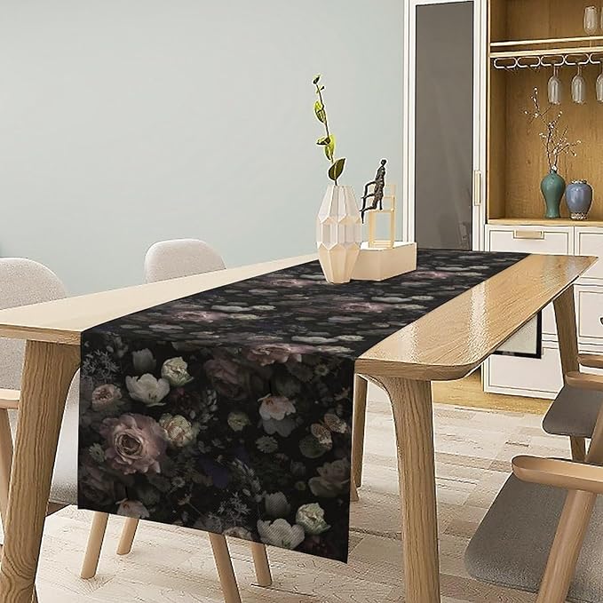 Gothic Floral Table Runner, Vintage Garden Flower Black Witchy Farmhouse Coffee Table Center Decor for Home Kitchen Dining Patio Holiday Party Table Decorations 13x90 inches