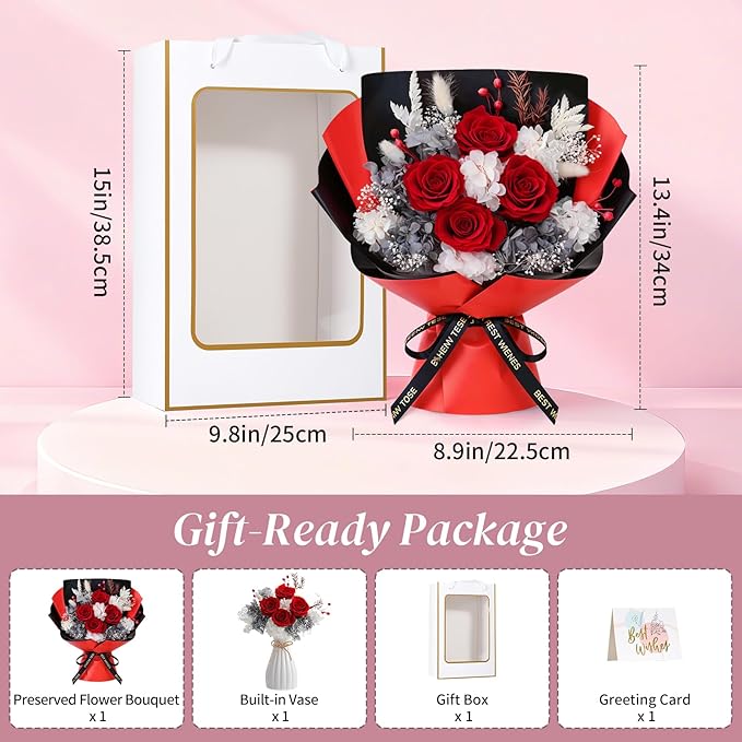 Lewondr Flower for Delivery, Preserved Flowers Bouquet, Red Rose Bouquet with Gift Box, Real Long-Lasting Forever Birthday Flowers Gifts for Wife Girlfriend Mothers Day Anniversary Proposal, White-Red
