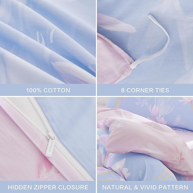 SAPHREAS Floral Duvet Cover Set Full Size 3pcs 100% Cotton Pink Floral Blossom Printed Bedding Comforter Cover Set 1 Blue Duvet Cover 90"x80" 2 Pillow Shams, Comforter Not Included