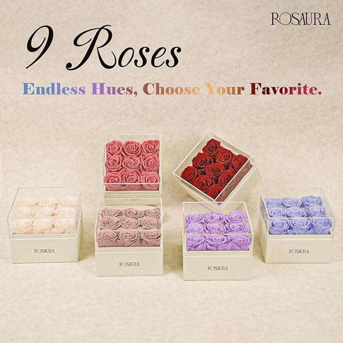 Rosaura Square Preserved Roses Gift Box - Real Forever Flowers in Clear Acrylic Lid, Christmas, Valentine's for Women (Pink, 9 Roses)
