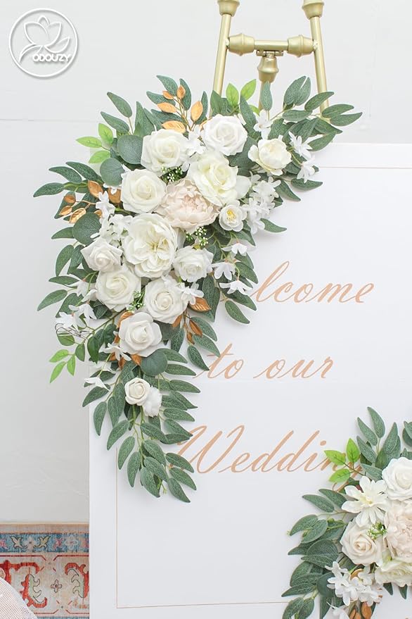 Pack of 2 Wedding Arch Decorations Artificial Hanging Flowers Floral Swag for Wedding Welcome Sign Backdrop Balloon Arch Home Party Bridal Ceremony Reusable(White)