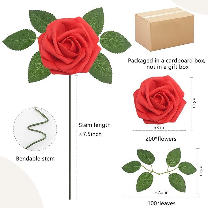 200PCS Red Artificial Flowers Roses Real Looking Foam Fake Roses with Leaves for DIY Wedding Bouquets Bridal Shower Party Decorations (Red, 200)