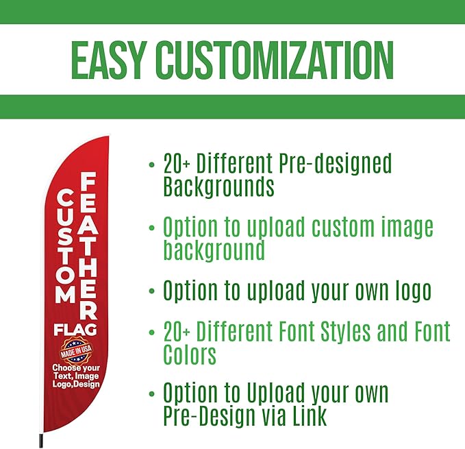 Custom Feather Flag(11.5x2.5FT) by BCB Print for Business Outdoor | Optional 15 FT Pole & Ground Spike | DIY Swooper Flag Banner | HD Printed Custom Sign | Express Dispatch & Ship | Made in USA