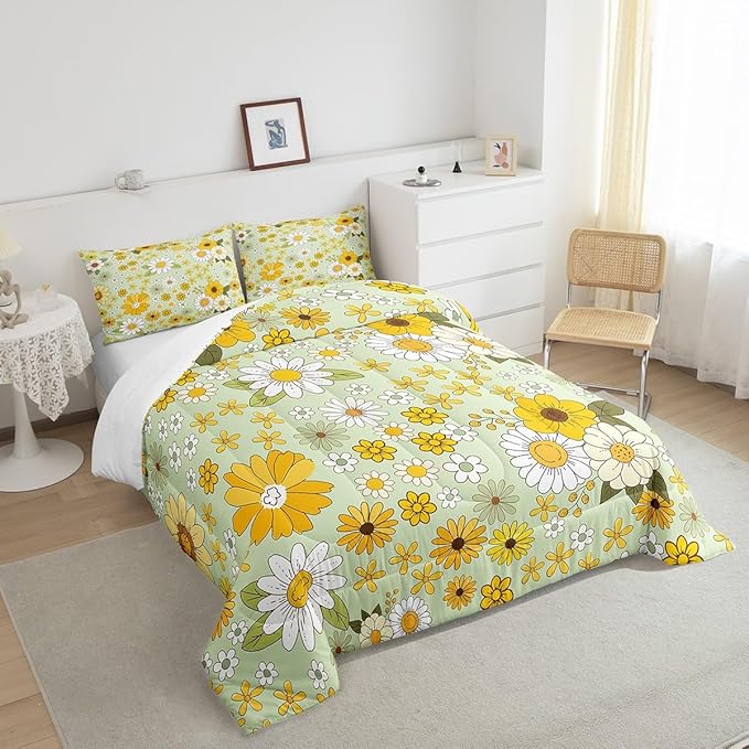 Vintage Floral Comforter Set Twin Size,Boho Spring Fresh Flowers Bedding Comforters Bedroom Decor,Trippy Hippie Groovy Botanical Microfiber Duvet Set for Kids Teens,2 Pcs