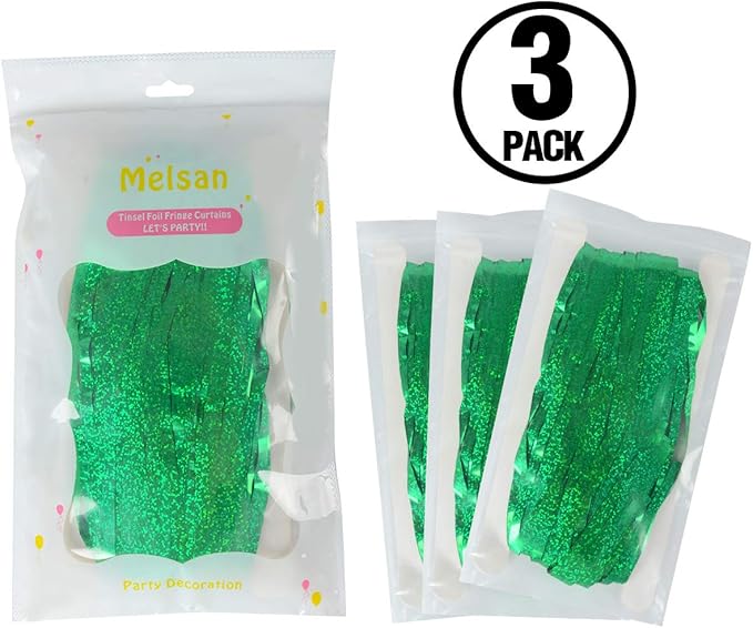 Foil Fringe Curtains Christmas Decorations - Melsan 3 Pack 3.2 x 8.2 ft Green Tinsel Curtain Party Photo Backdrop for Birthday Party Baby Shower or Graduation Decorations