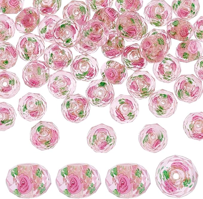 PH PandaHall 45pcs 11~12mm Gold Sand Lampwork Beads Glass Handmade Round Loose Beads for Rosary Making Jewelry Craft Making with 2mm Hole - Gloden Pink
