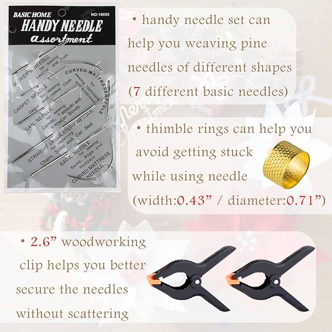 Pine Needle Basket Making Set with Gauge Coiling Tool, Waxed Thread, Needle and Thimble Ring, Long Noce Pliers for Basket Making Rattan Weaving Basketry (Gold Basket Making Set)