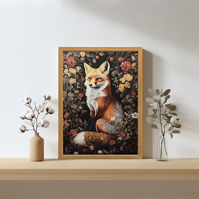 LLEEMPI William Morris Wall Art, Vintage Botanical Floral Wall Decor, Fox Flower Canvas Painting, Abstract Nature Botanical Aesthetic Picture for Living Room Bedroom Hallway Wood Framed 16x24 inch