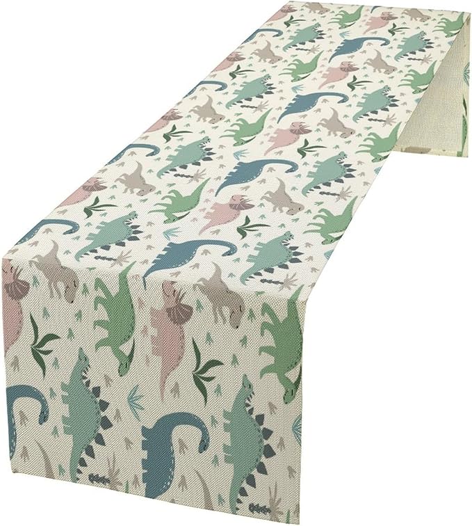 Cartoon Dinosaur Table Runner,Kids Boys Cute Colorful Animal Dino Abstract Print Tablecloth Burlap for Hotel Indoors Outdoor Dining Room Kitchen Holiday Party, 13x80in