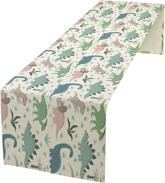 Cartoon Dinosaur Table Runner,Kids Boys Cute Colorful Animal Dino Abstract Print Tablecloth Burlap for Hotel Indoors Outdoor Dining Room Kitchen Holiday Party, 13x80in