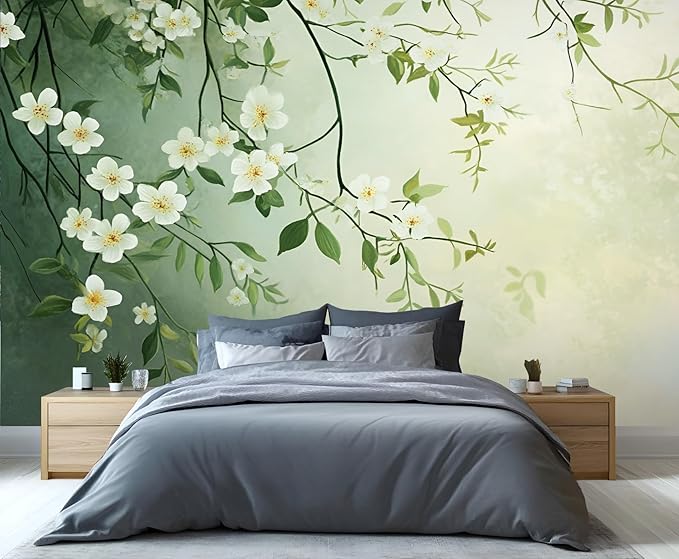 Spring Blossom Floral Wall Mural, Minimalist White Floral 3D Wall Murals, Elegant Botanical Wallpaper Mural, for Living Room Bedroom Large Wallpaper Indoor Decor 177.16" W x120 H