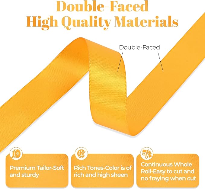Yellow Gold Satin Ribbon, Double Faced 7/8 Inch X 25 Yards Yellow Gold Ribbon, Premium Satin Ribbon for Gift Wrapping, Crafts, Hair Bow Making, Sewing, Flower Bouquet, Wedding Party Decor