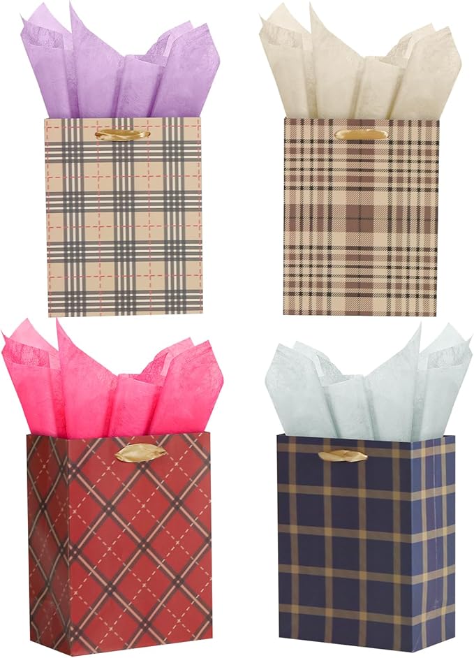 Bloomwords 9” Small Gift Bag, Plaid Gift Bag with Tissue Paper for Baby Showers, Birthdays, Weddings, Holiday Gifts, 7" W x 9" H x 4" D, 4 Pack