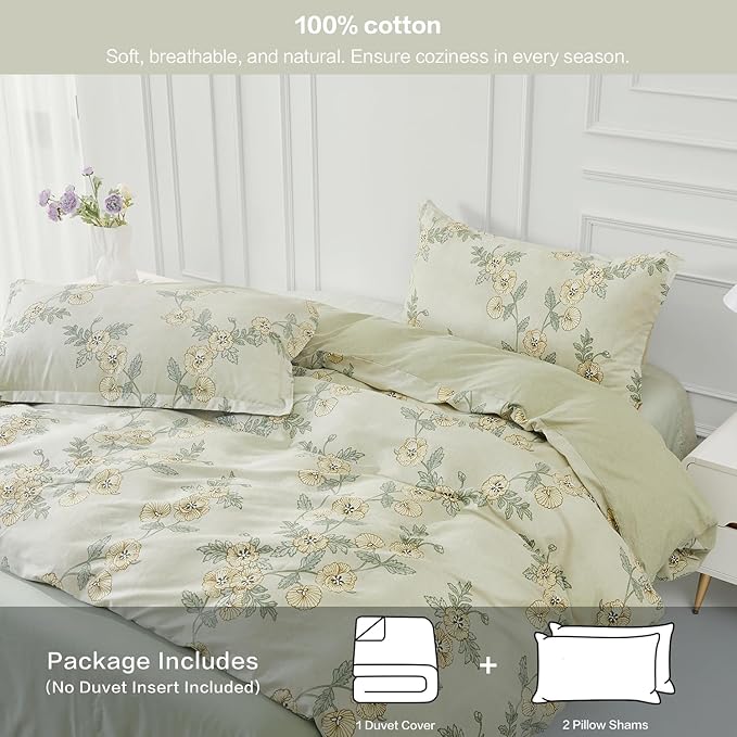 SAPHREAS Green Leaf Cotton Duvet Cover Set Queen Size 3pcs Tropical Botanical Yellow Flower Bedding Comforter Cover Set 1 Duvet Cover 2 Pillow Shams, Comforter Not Included