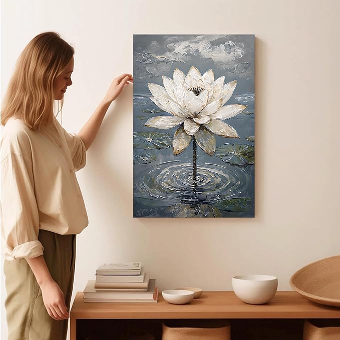 Stunning white lotus emerges from prismatic water with delicate petals background Serene aquatic wall art suitable for modern minimalist decor 32x48in Frameless