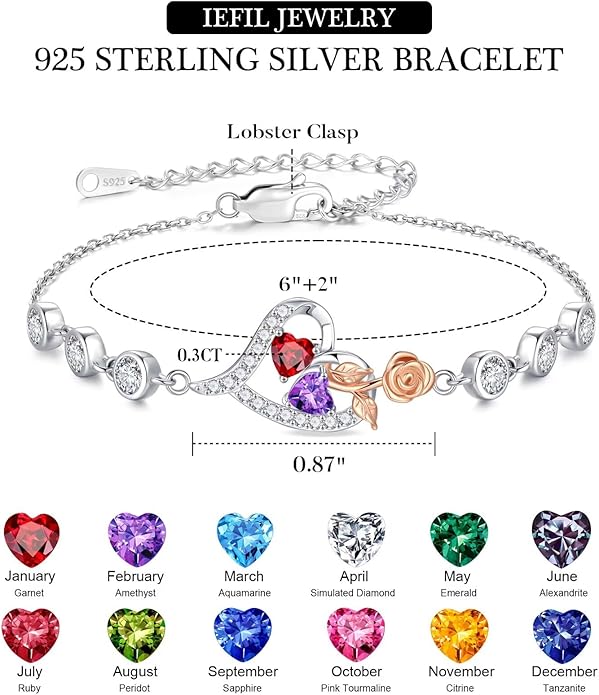 Iefil Christmas Gifts for Women - Birthstone Bracelet for Women, 925 Sterling Silver Rose Heart Charm Bracelets, Anniversary Birthday Gifts for Women Wife Mom Daughter, 6"+2"