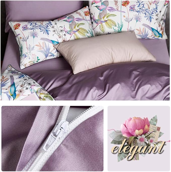 VM VOUGEMARKET Multi Color King Duvet Cover Set with Floral Bird Pattern,White Purple Bedding Set,Lightweight Elegant Botanical Duvet Cover for Girls