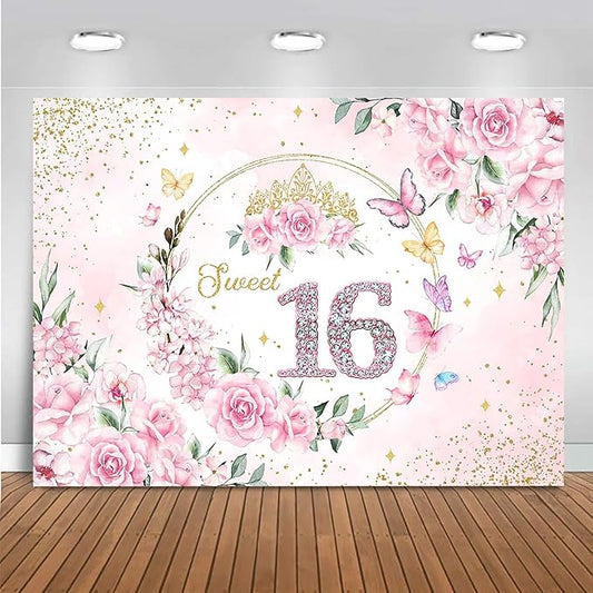 Mocsicka Sweet 16 Backdrop Rose Gold Sweet Sixteen Party Decoration Girls Pink Floral Gold Glitter Butterfly 16 Birthday Banner for Photoshoot (10x7ft)