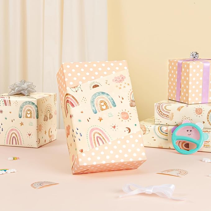 WERNNSAI Rainbow Wrapping Paper Roll - 1 Roll 17” x 33 ft Boho Baby Shower Wrapping Paper Yellow New Baby Girl Gift Packing for Kids Birthday Party Favor Reversible Polka Dot Design