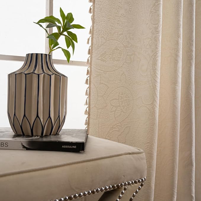 ENJOYBRIDAL Paisley 96 Inch Curtains for Bedroom Living Room Drapes Jacquard Semi Sheer Off White Long Window Curtain Panels Rod Pocket 2 Panels Set Boho Farmhouse Floral Cream Window Treatments