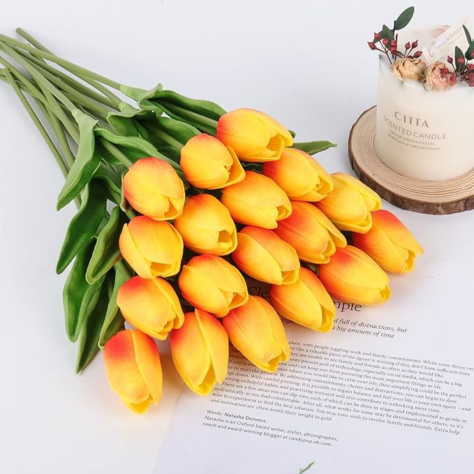 Tulips Artificial Flowers 20 Pcs Orange Fake Tulip Stems Real Touch PU Tulips for Easter Spring Wedding Bouquet Home Centerpiece Floral Arrangement Table Décor