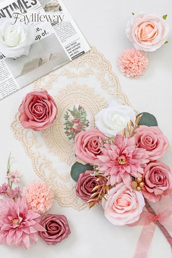 Artificial Flowers, 2PCS Silk Pink Flowers for DIY Wedding Bridal Bouquets, Fake Cake Flowers for Centerpieces,Baby Shower, Table Arrangement, Home Party Decorations