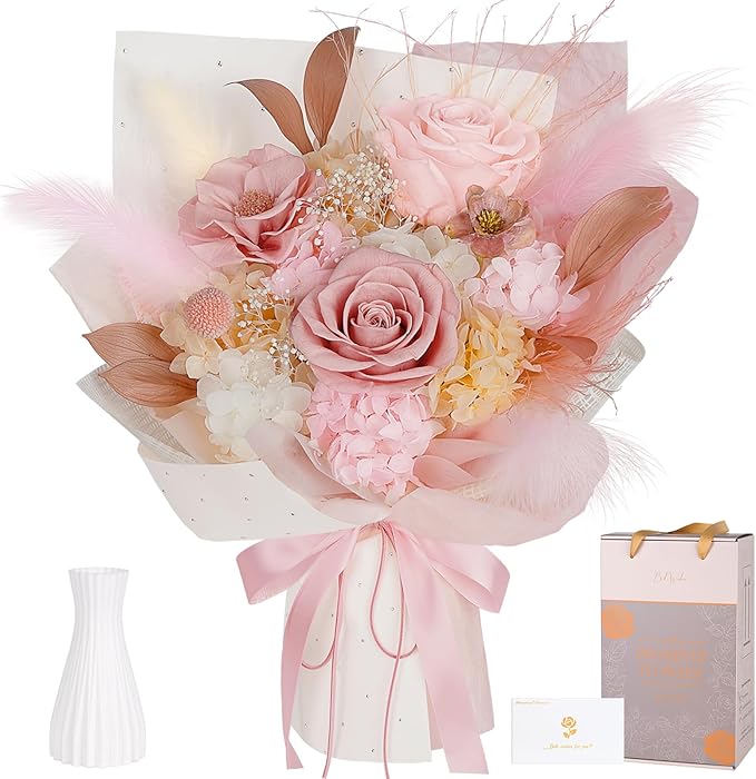 Preserved Bouquet of Flowers - Real Roses & Flowers for Delivery, Long-Lasting Dusty Pink Forever Camellia Flowers, Eternal Roses Bouquet for Mothers, Mom, Wife Anniversary Birthday Gifts for Women