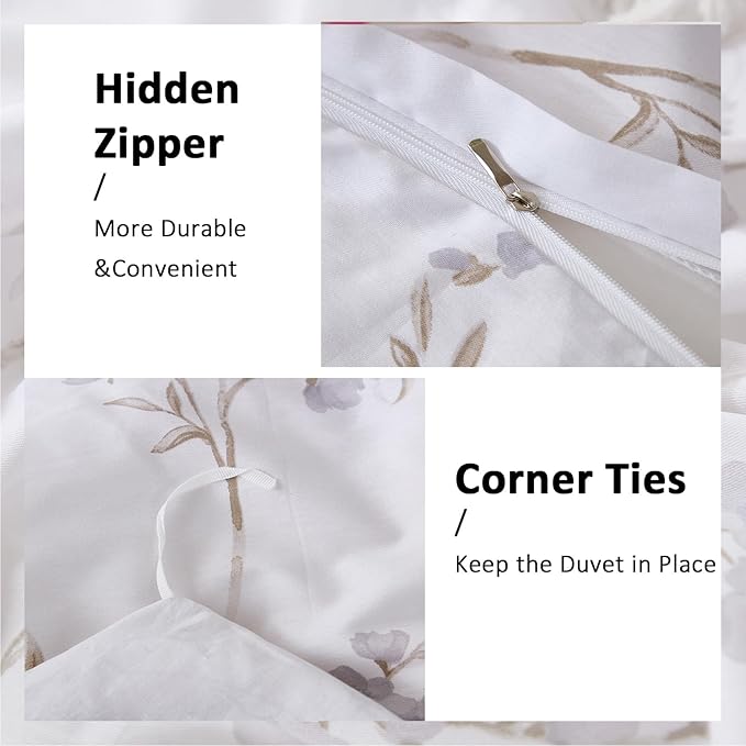 Floral Duvet Cover King Size - 100% Nature Cotton Reversible Grayish Flower Bedding Set with Zipper Closure, 3 Pieces Soft & Breathable Beige Comforter Cover