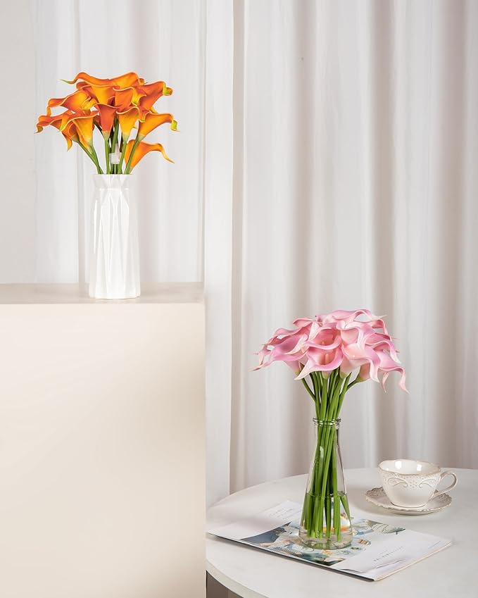 DuHouse 20Pcs Artificial Calla Lily Flower Real Touch Latex Flowers for DIY Wedding Bouquet Party Home Decor (White Pink)