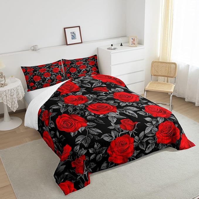 Castle Fairy Kids Red Flowers Comforter Set Queen Size,Rose and Grey Leaves Print Bedding Gift for Children Adult Xmas Present,Gothic Floral Plant Theme Polyester Quilt Set with 2 Pillowcases