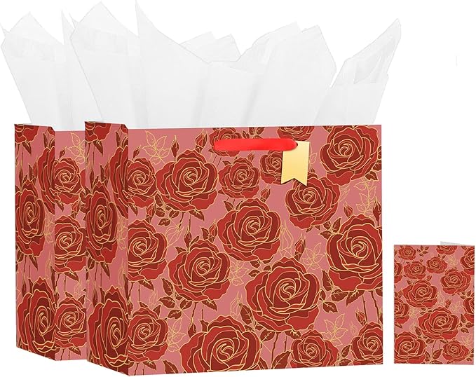 Bloomwords 13" Mother’s Day Gift Bags with Card Tissue(Rose Flower) - Birthdays, Valentine’s, Weddings, Anniversaries, etc. Kit includes Card and Tissue Paper (Red, 2 Piece)