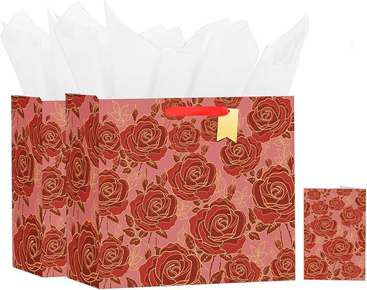 Bloomwords 13" Mother’s Day Gift Bags with Card Tissue(Rose Flower) - Birthdays, Valentine’s, Weddings, Anniversaries, etc. Kit includes Card and Tissue Paper (Red, 2 Piece)