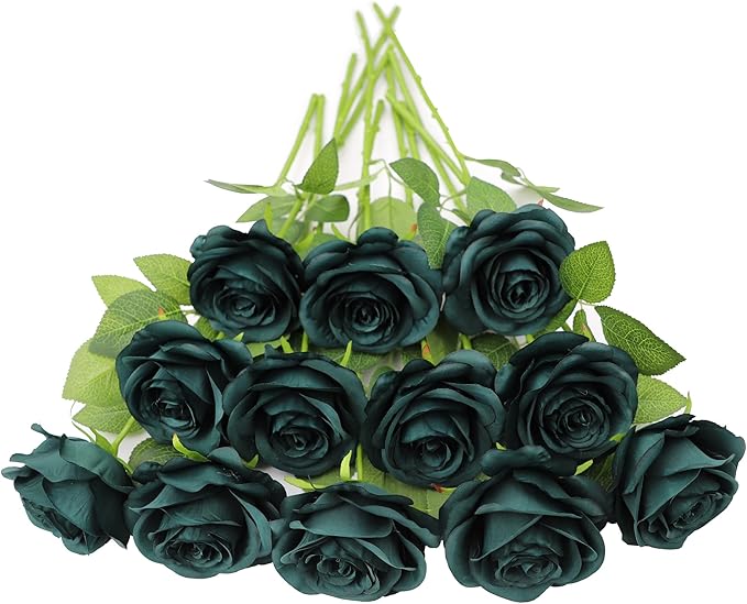 12pcs Roses Artificial Flowers Peacock Green Roses Flowers with Long Stems Silk Flowers for Wedding Bouquet Centerpices Decorations Party Bridal Baby Shower Home Décor Fake Roses