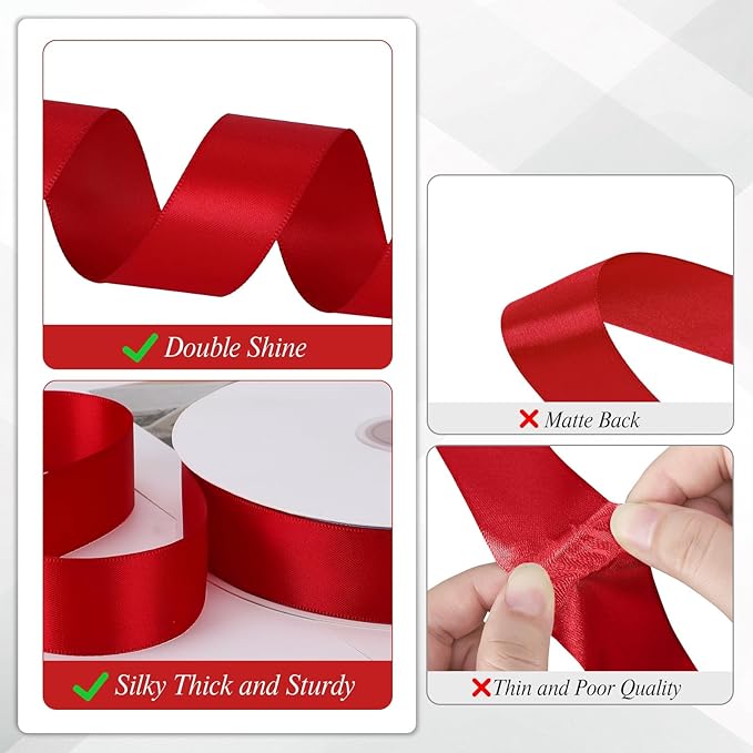 Double Faced Red Satin Ribbon 1 inch 60 Yards Red Ribbon for Crafts Gift Wrapping Hair Bows Wedding Invitation Party Decorations