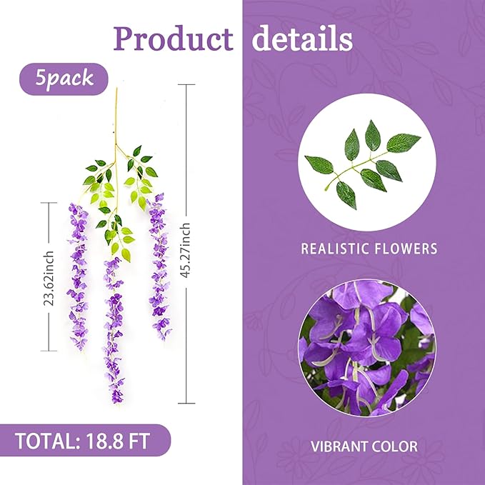5 Pack Purple Wisteria Hanging Flowers Garland, 3.77 Feet Artificial Flower Vines, Fake Wisteria, Artificial Vines Hanging Garland for Backdrop Outdoor Yard Garden Decor