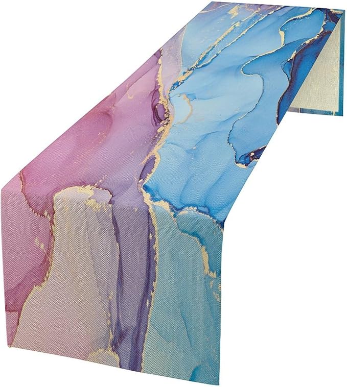 Pink Blue Marble Table Runner Sea Blue Maroon Gold Veins Unique Ombre Abstract Ink Texture Seasonal Dinner Runner Table Decoration for Farmhouse Home Kitchen Dining Holiday Party 13x108in