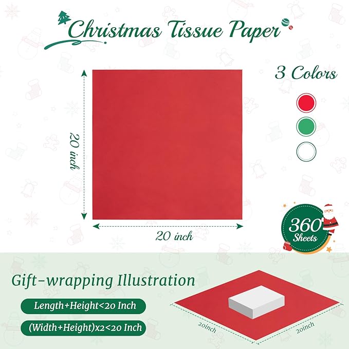 Simetufy Christmas Tissue Paper for Gift Bags, 360 Sheets 20 x 20 Inches Christmas Tissue Paper Sheets Bulk, Red Green and White for Gift Wrapping, Crafts, Birthday, Holiday Decor and DIY