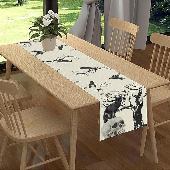 Gothic Table Runner, Black Cat Day of Death Crow Skull Halloween Witchy Retro Coffee Table Center Decor for Home Kitchen Dining Patio Holiday Party Table Decorations 13x36 inches