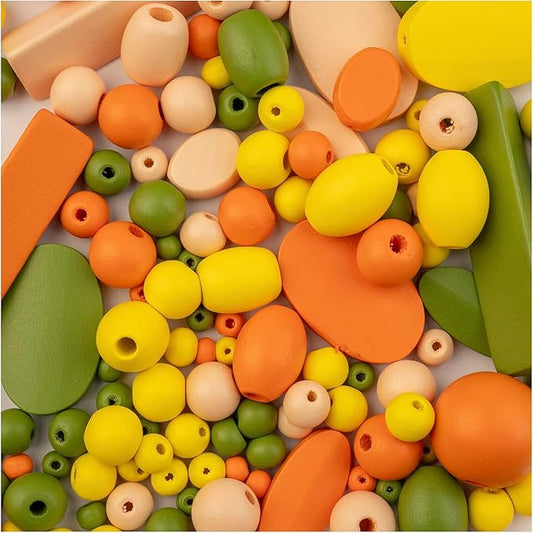 John Bead 90g Craft Beads Orange Green Yellow Light Peach Wood Beads with Elastic Nylon Cord