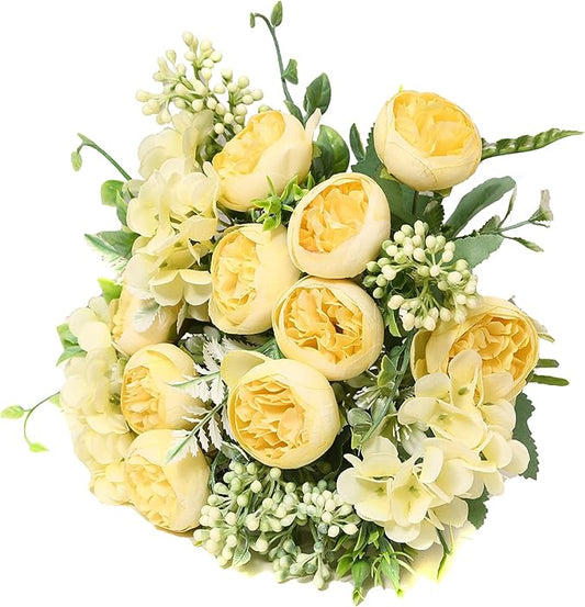 Artificial Flowers Fake Peony Silk Mini Plastic Bridal Flowers for DIY Wedding Bouquets Home Decorations 4 Packs(Light Yellow)