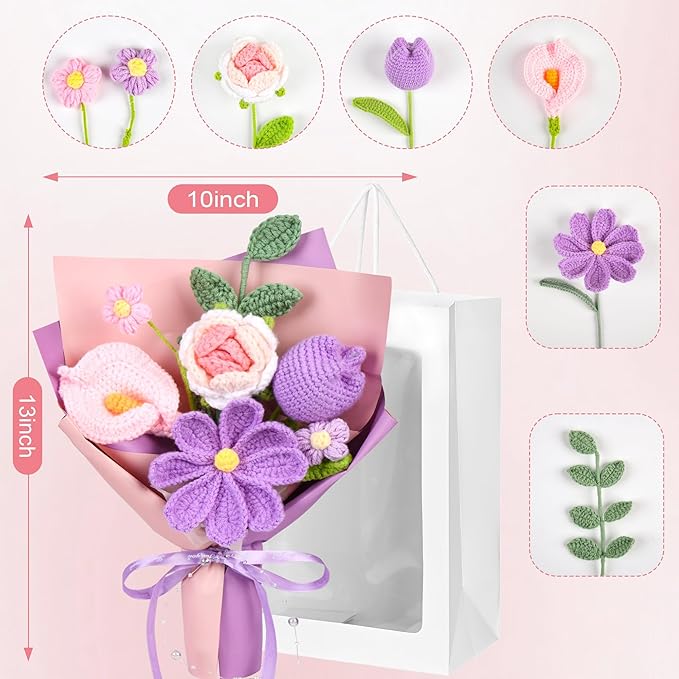 Crochet Flower Bouquet Pink Rose, Purple Tulip,Handmade Knitted Flowers for Birthday, Wedding, Anniversary, Graduation Gift for Her, Girlfriend, Wife, Womeng (Pink & Purple)