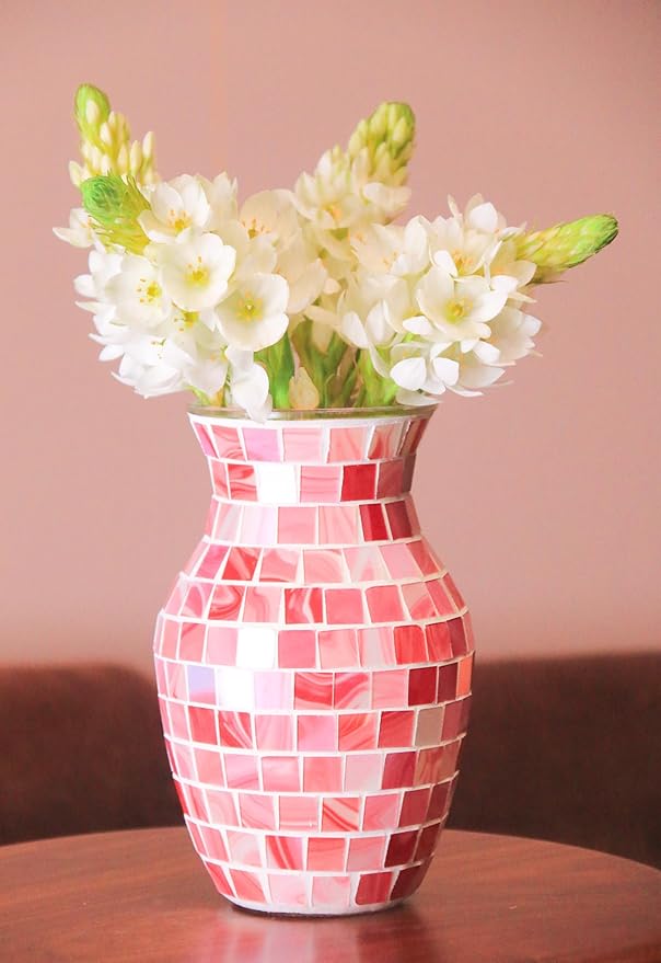 8" H Pink Mosaic Vase.Exquisite Craftsmanship.Decor Home Modern Midsize All Handmade Mosaic Vases .Beautiful Glass Vase for Home&Office Decor.Unique Gift