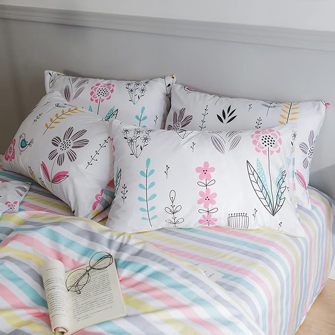 HighBuy Floral Printed Bedding Sets Full Duvet Cover Girls Cotton Comforter Cover Full Size Garden Aesthetic Reversible Striped Bedding Sets 3 Piece Bed Boho Comforter Cover Duvet Cover Set